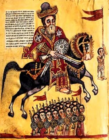 Saint Elesbaan, roi d'Ethiopie, sur le commandement de l'empereur Justin, va porter la guerre contre l'usurpateur Danaan et libérer ainsi les Chrétiens yéménites persécutés par cette bête féroce. Chronique historique. Manuscrit du XIXe.