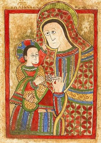 Notre Dame et son divin Fils. Psautier éthiopien d'Abbadie. Vers 1450.